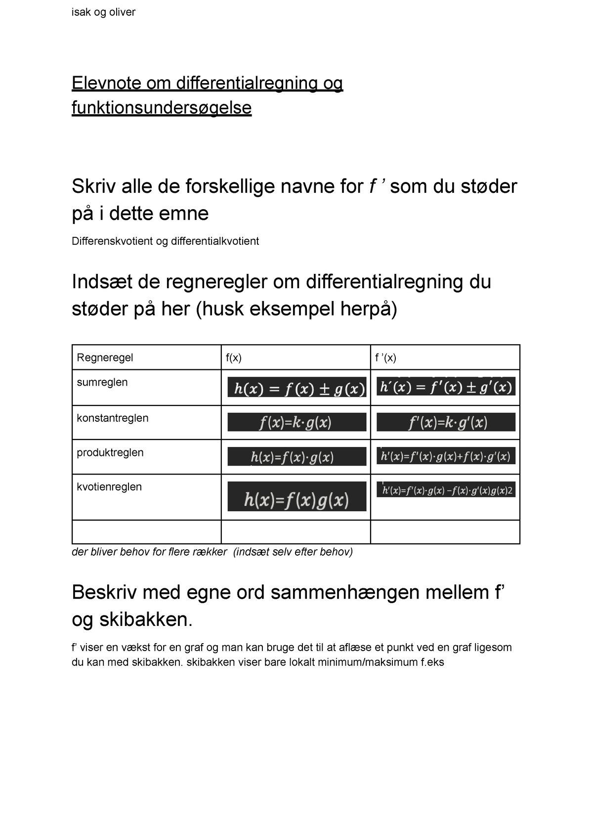 Elevnote Funktionsanalyse Med Differentialregning - Isak Og Oliver ...