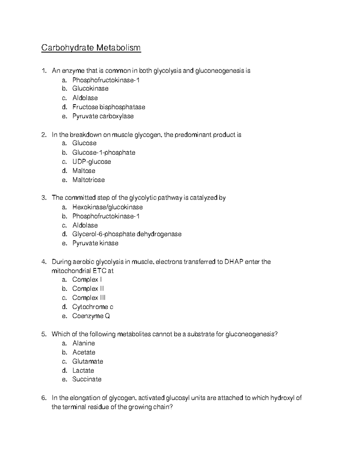 essay questions on carbohydrate metabolism