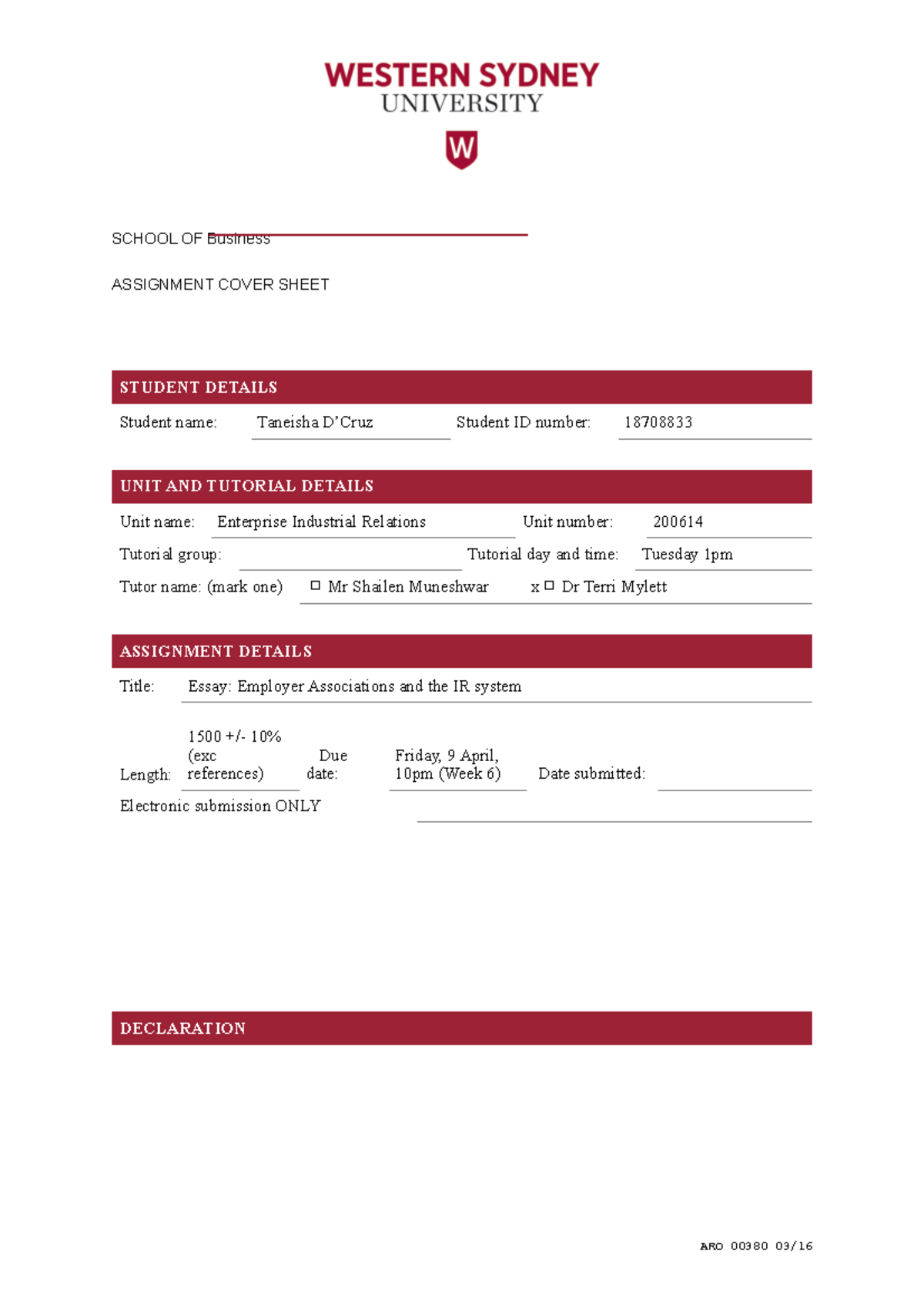 18708833 D'cruz - essay - SCHOOL OF Business ASSIGNMENT COVER SHEET ...
