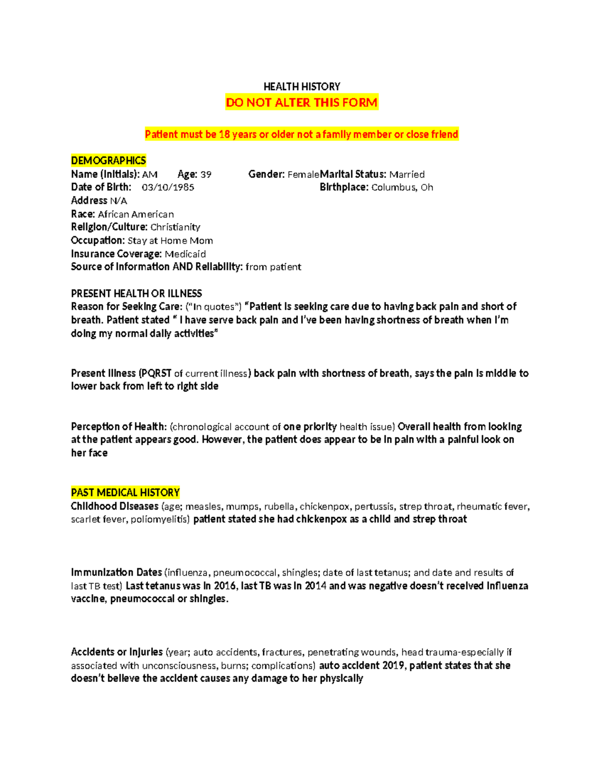 RUA 304 Template student - HEALTH HISTORY DO NOT ALTER THIS FORM ...