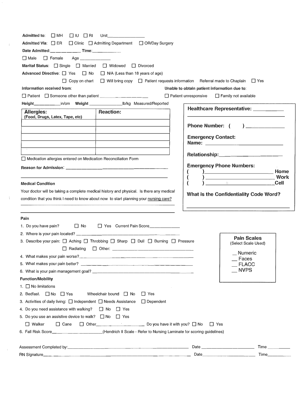 Admission RNAssessment Record - Admitted to: 0 MH O IU O RI Unit ...