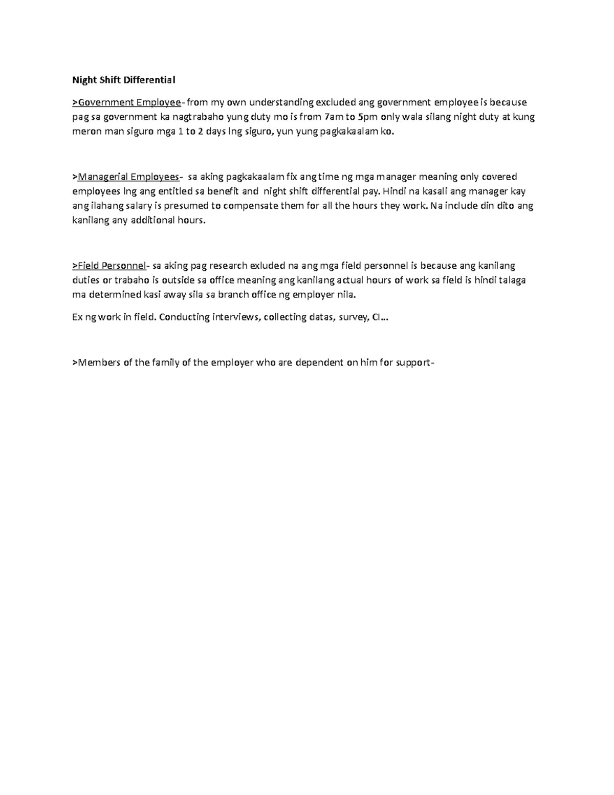 HRDM 106 Hours OF WORK labor code Night Shift Differential