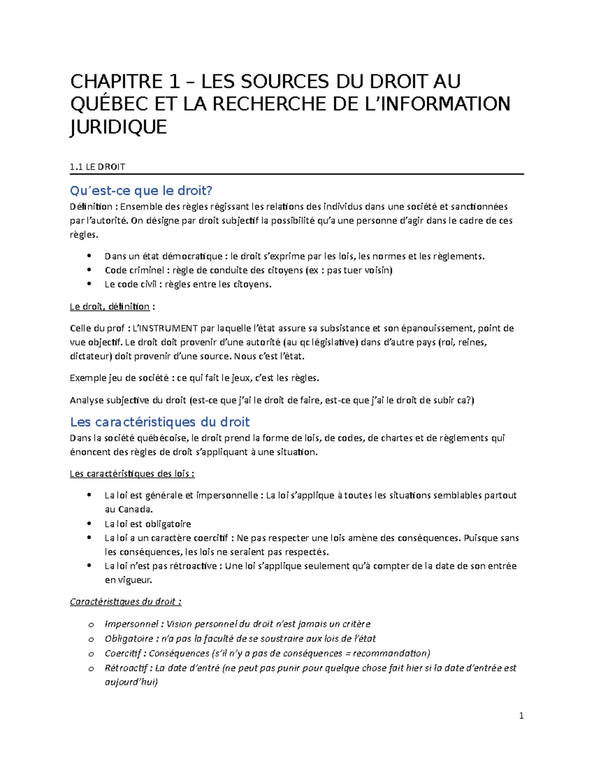 Notes pour intra - CHAPITRE 1 – LES SOURCES DU DROIT AU QUÉBEC ET LA ...