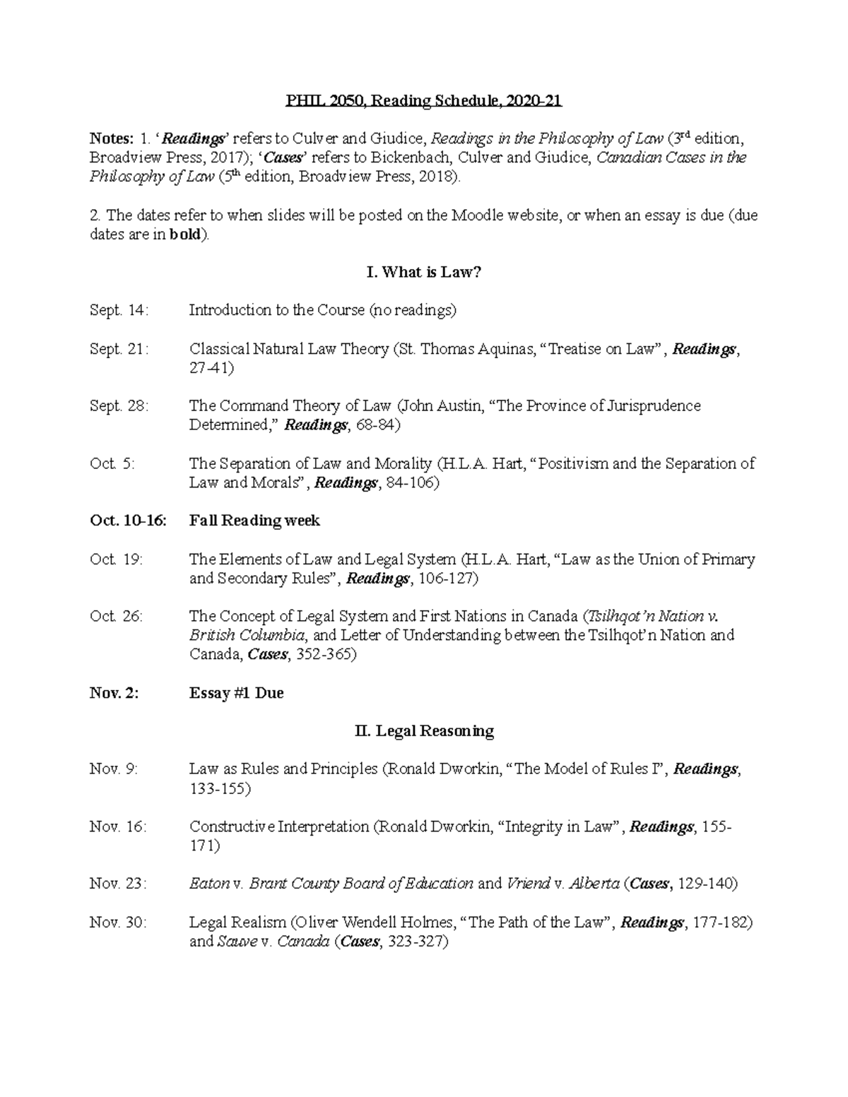 PHIL 2050, Schedule, 202021 PHIL 2050, Reading Schedule, 2020 Notes