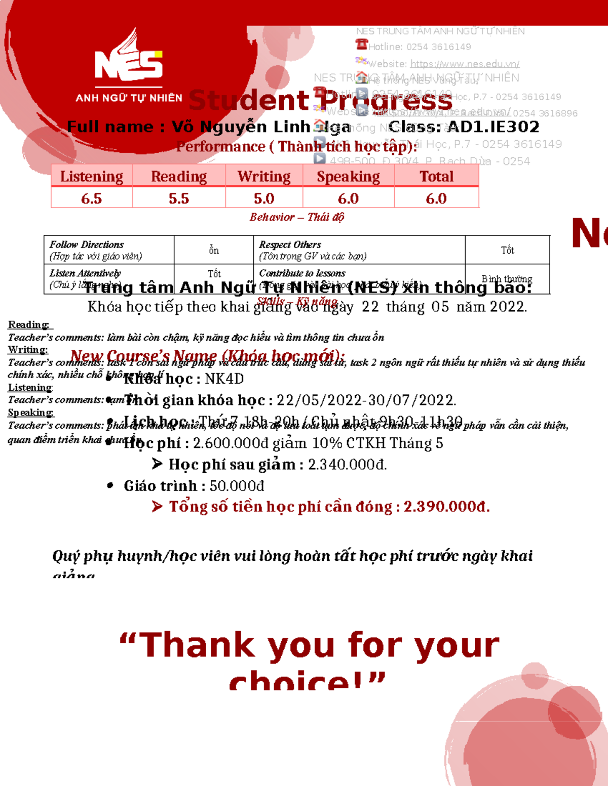 Võ Nguyễn Linh Nga 2 babe Progress New Courses Name Khóa h ọc m