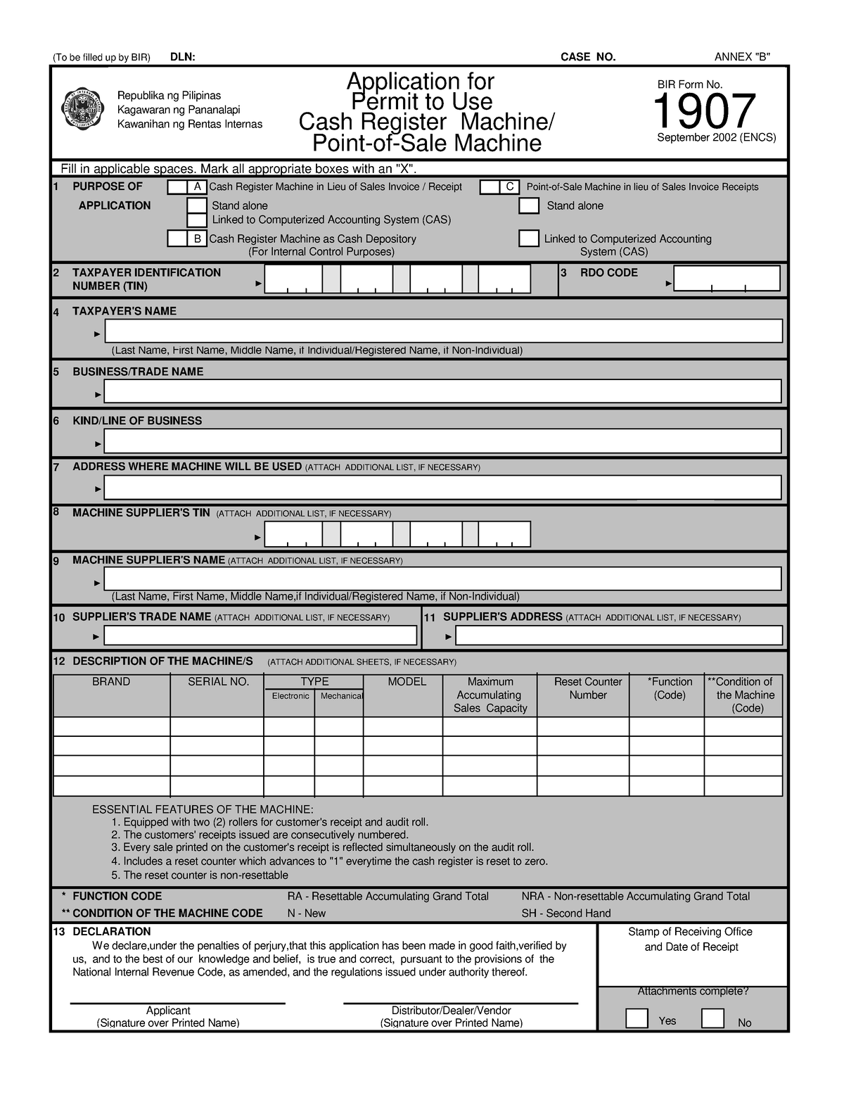 BIR Form 1907 September 2002 ENCS - (To Be Filled Up By BIR) DLN: CASE ...