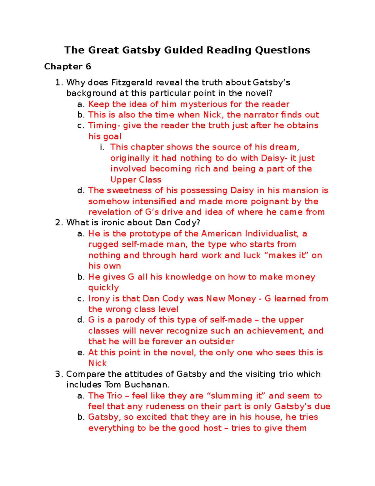 Taking Up Questions for Ch 6 The Great Gatsby Guided Reading