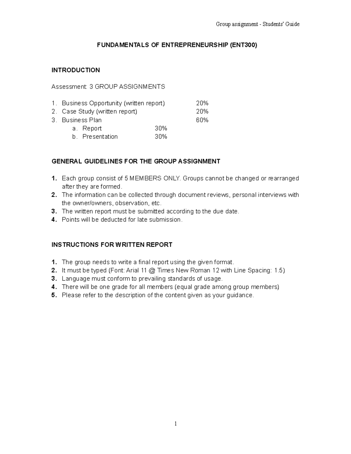 ENT300 Student Guide - Group Assignment 2018 - Business Analytics ...