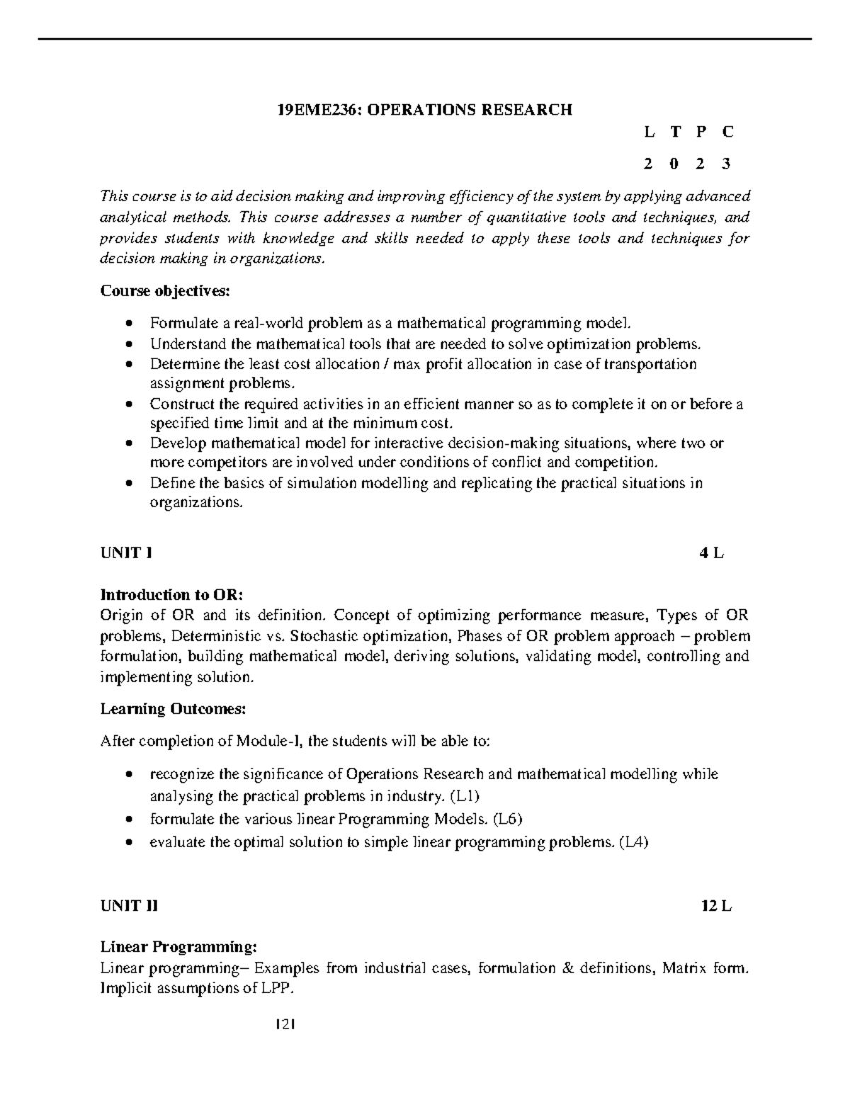 Csbssyllabus - 19EME236: OPERATIONS RESEARCH L T P C 2 0 2 3 This ...
