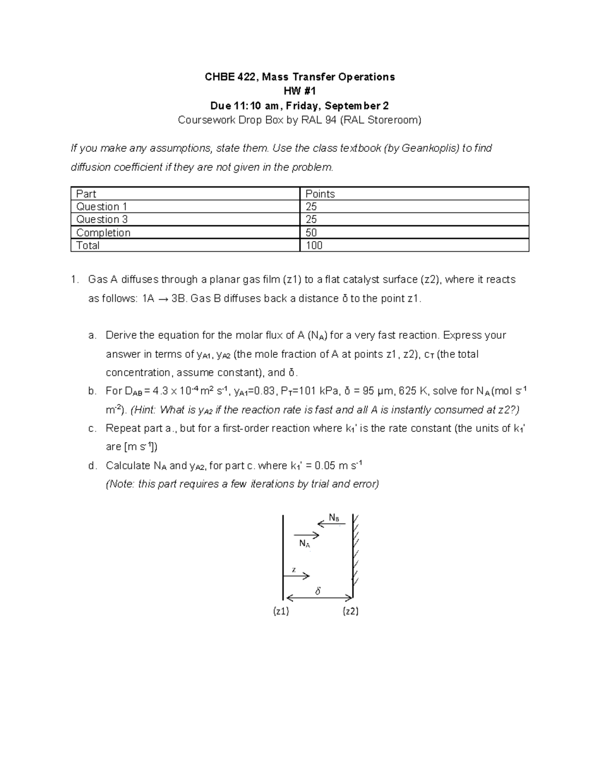 Homework+1+-+Fall+2022+-+Solutions - CHBE 422, Mass Transfer Operations ...