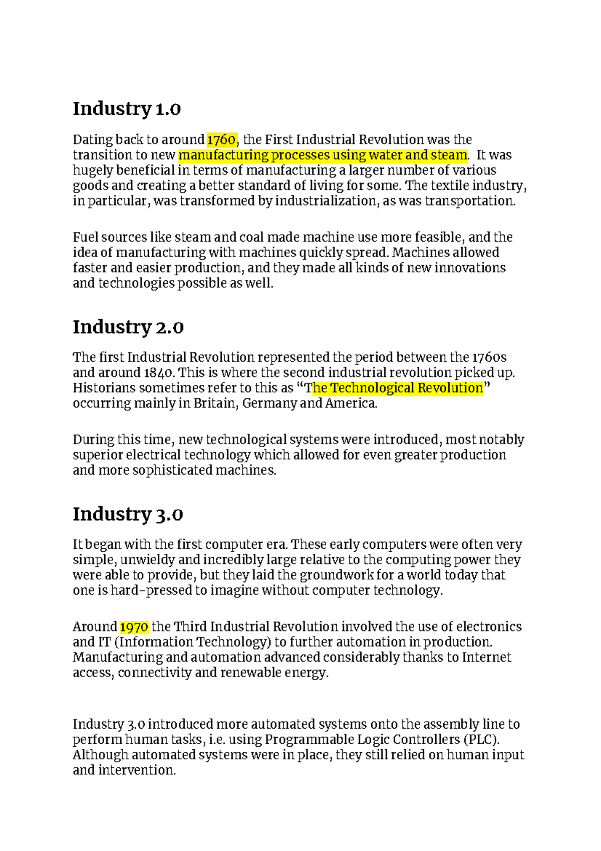 Lect 2 Industry 1.0 to 5.0 - Industry 1. Dating back to around 1760 ...