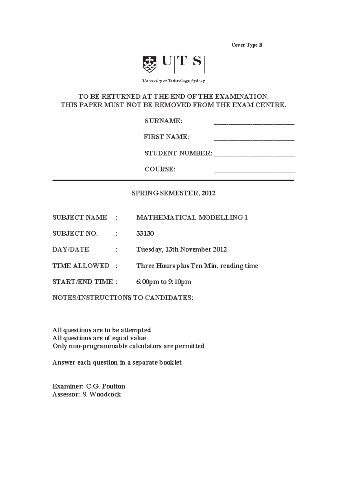 33130 Mathematical Modelling 1 - 2012 Exam - Cover Type B TO BE ...