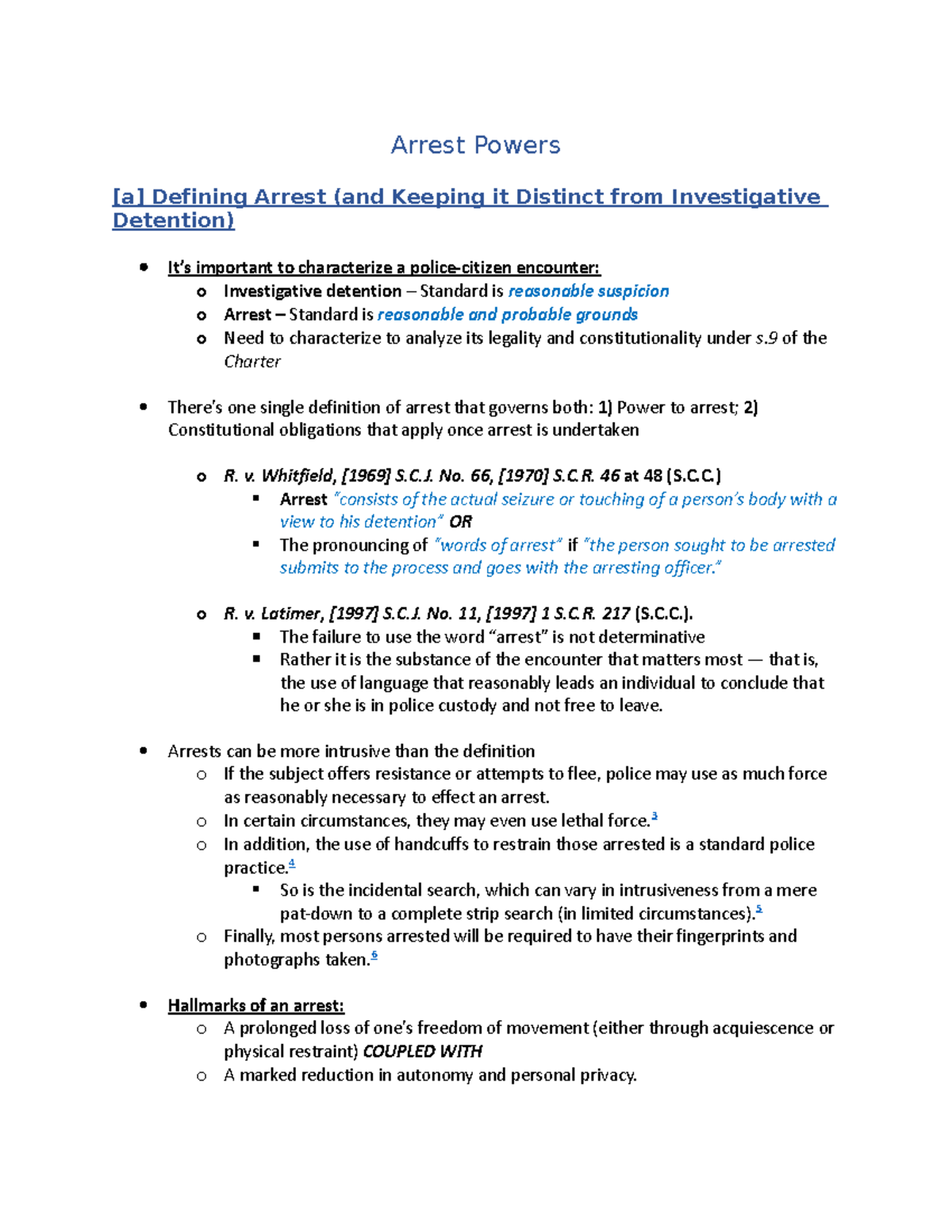 Arrest Powers Notes - Arrest Powers [a] Defining Arrest (and Keeping it ...