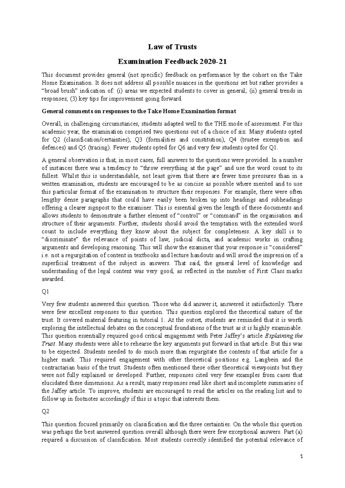 Law of Trusts Exam feedback 2020 edited for correction - Law of Trusts ...