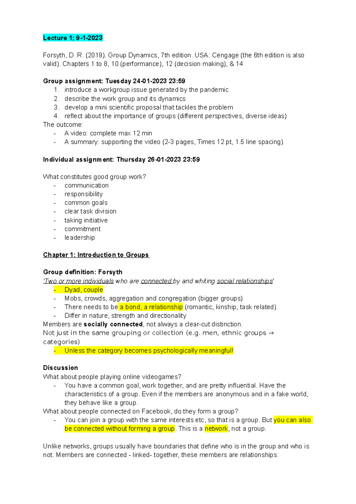 Summary Lectures GD - Lecture 1; 9-1- Forsyth, D. R. (2019). Group ...