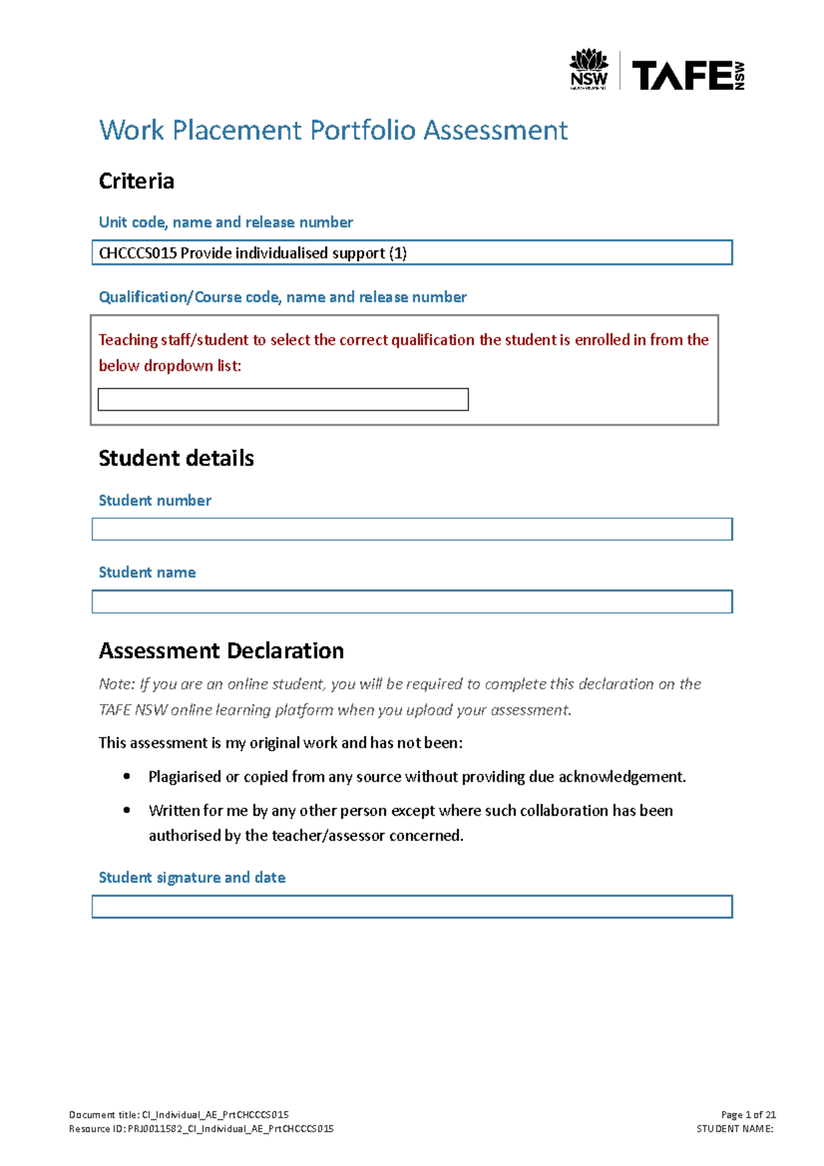 Cl Individual AE Prt Chcccs 015 - Work Placement Portfolio Assessment ...