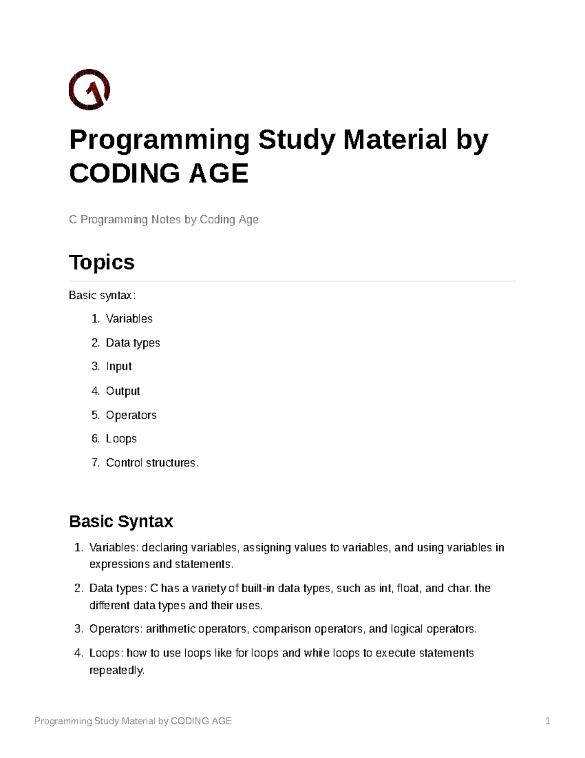 C coding age - Code - Programming Study Material by CODING AGE C ...