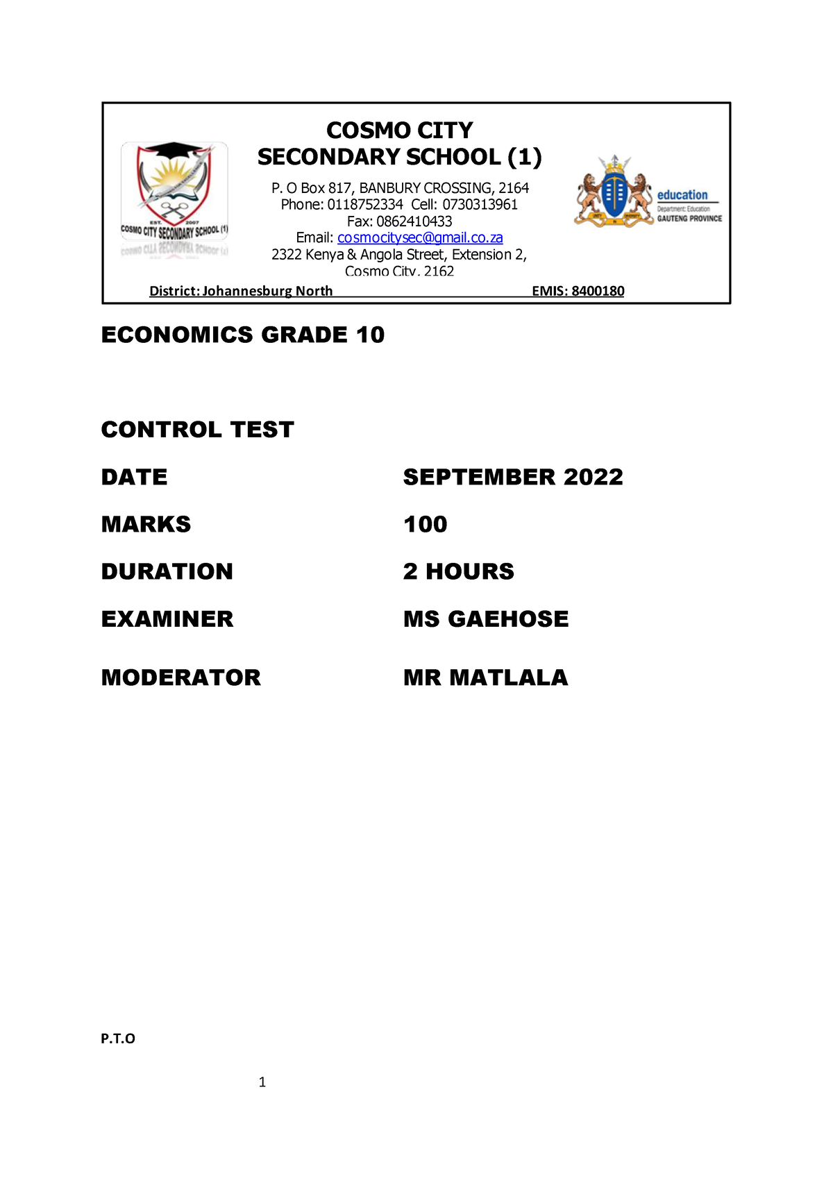 economics grade 10 term 3 test paper