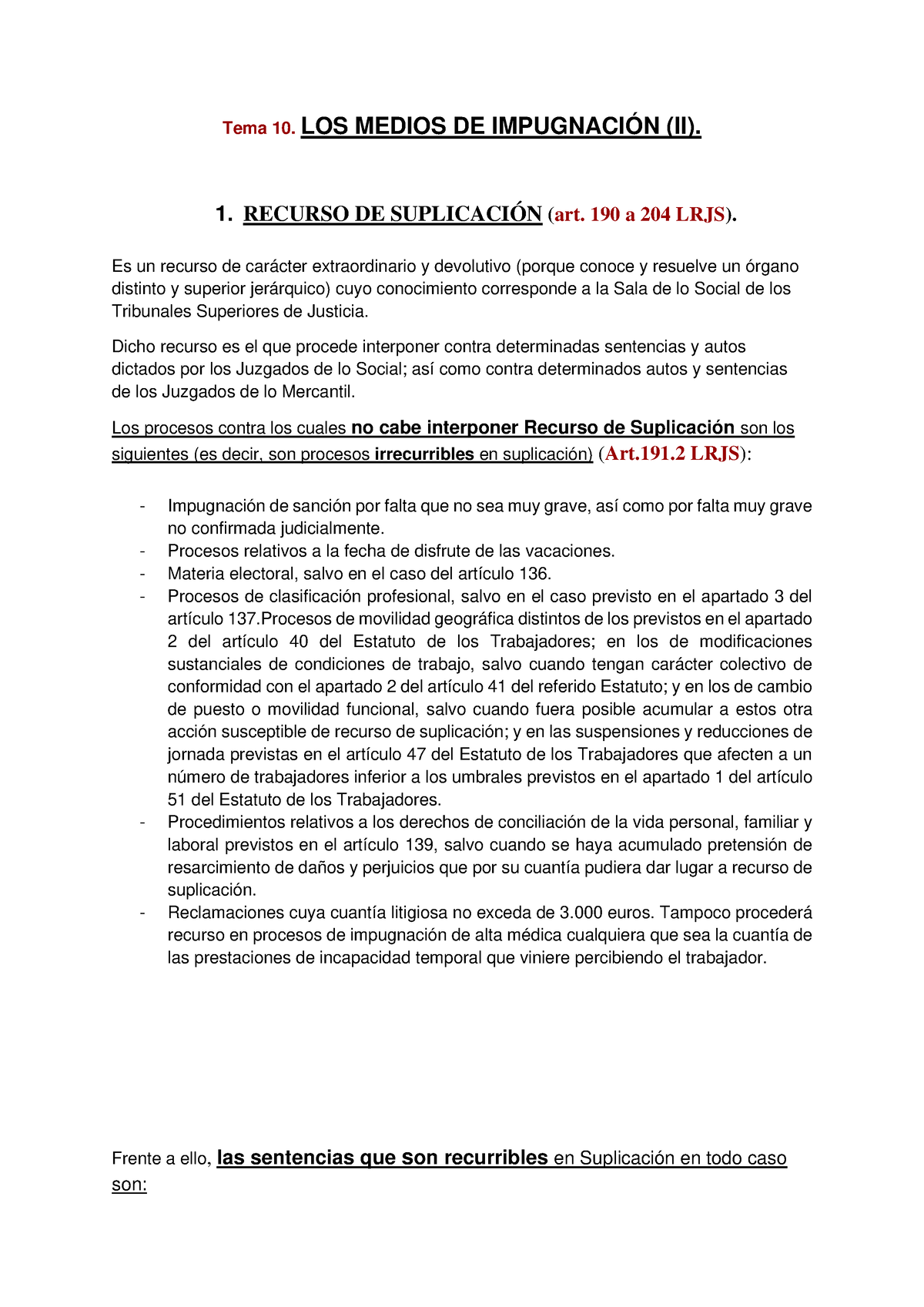 Tema 10, 11 Y 12 Proceso Laboral - Tema 10. LOS MEDIOS DE IMPUGNACIÓN ...