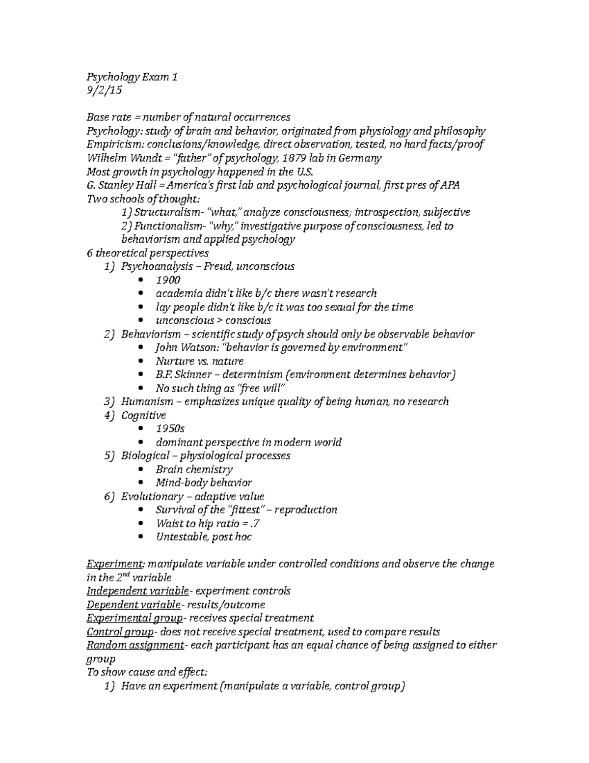 Psychology Exam 1 study guide Intro To Psychology Psychology Exam 1