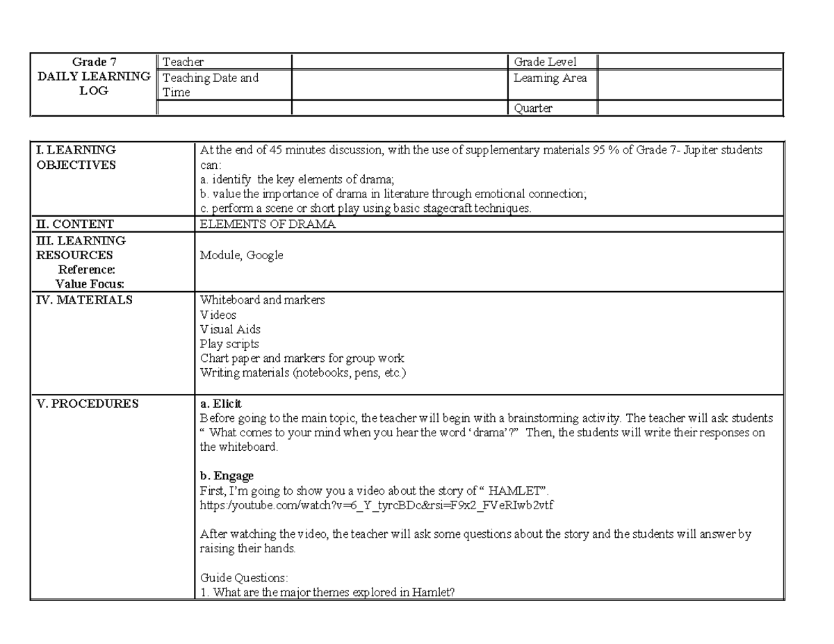 Lesson PLAN IN ENG 153 - Grade 7 DAILY LEARNING LOG Teacher Grade Level ...