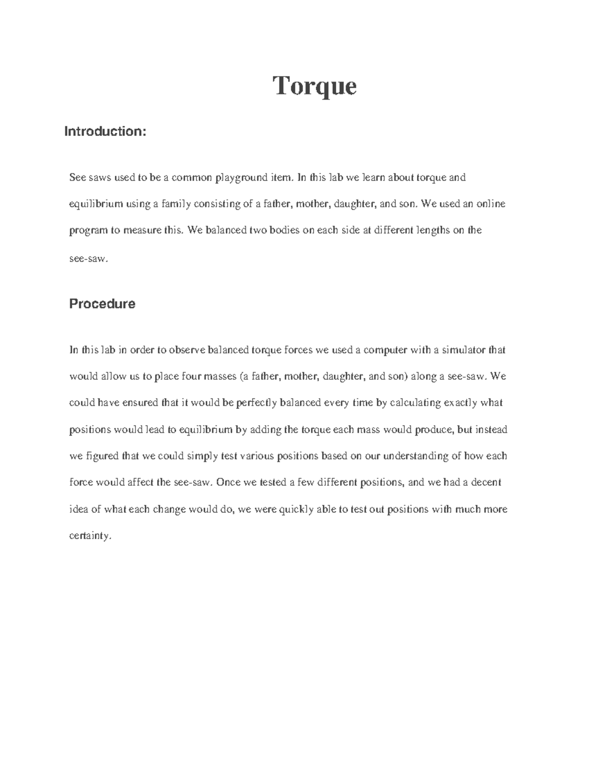 Torque Lab Report - Torque Introduction: See saws used to be a common ...