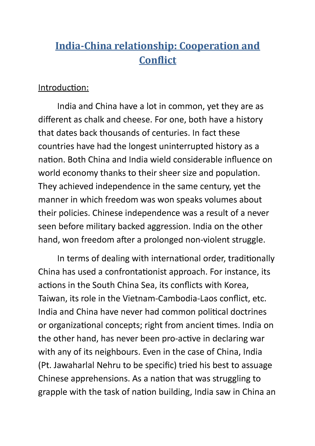 essay on india china relationship