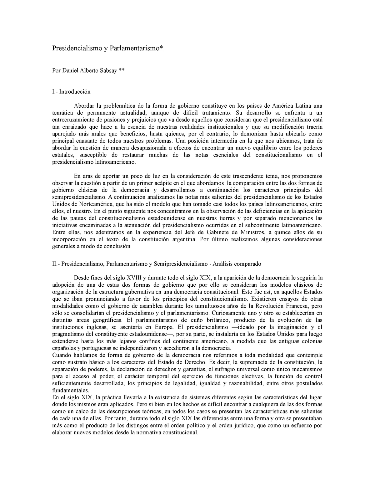 Presidencialismo Y Parlamentarismo Por Daniel Sabsay - Presidencialismo ...