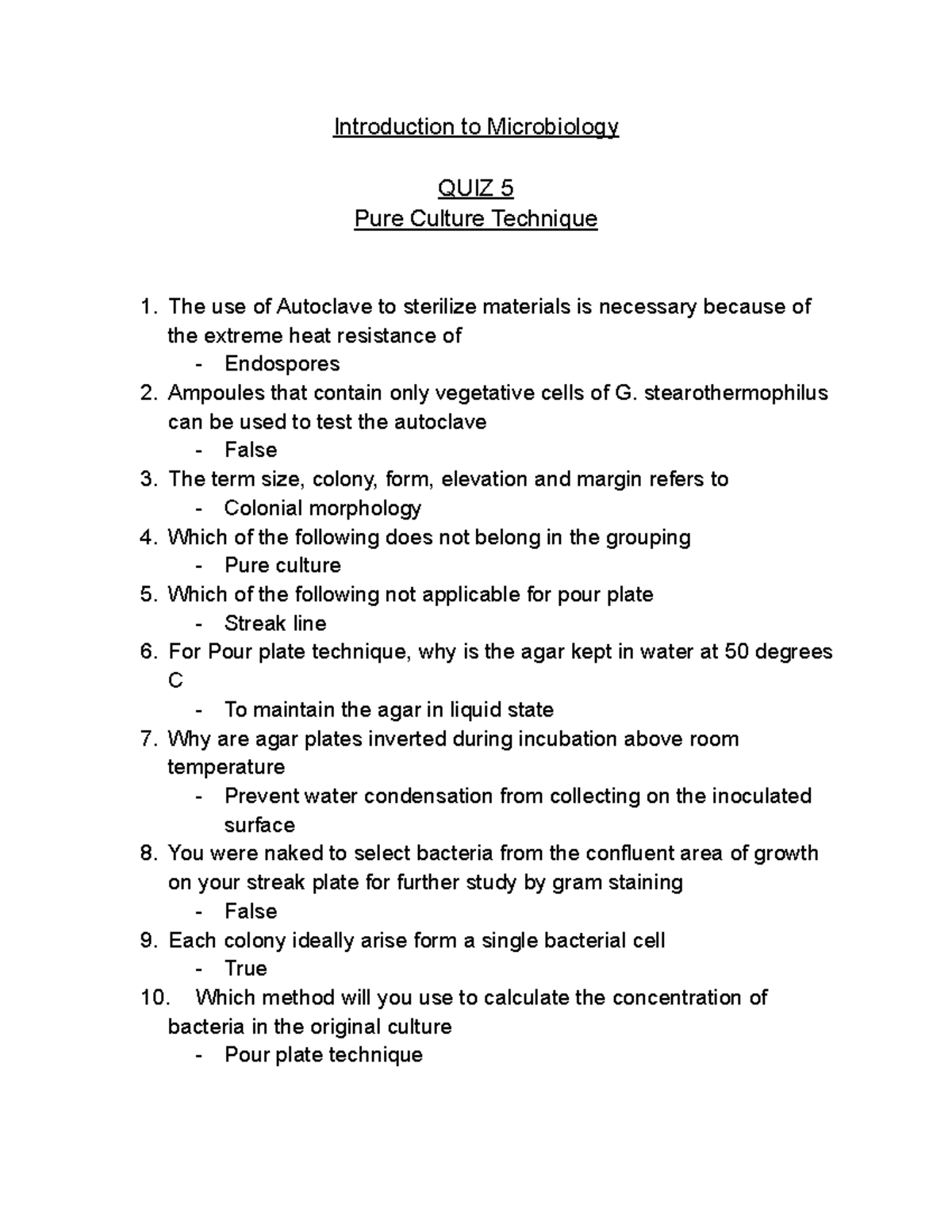 Intro to Micro Lab Quiz 5 Introduction to Microbiology QUIZ 5 Pure