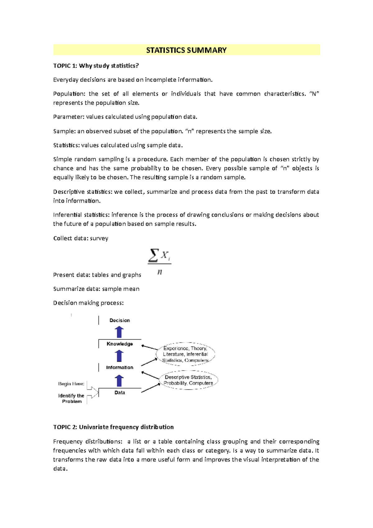 Statistics summary - STATISTICS SUMMARY TOPIC 1: Why study staisics ...