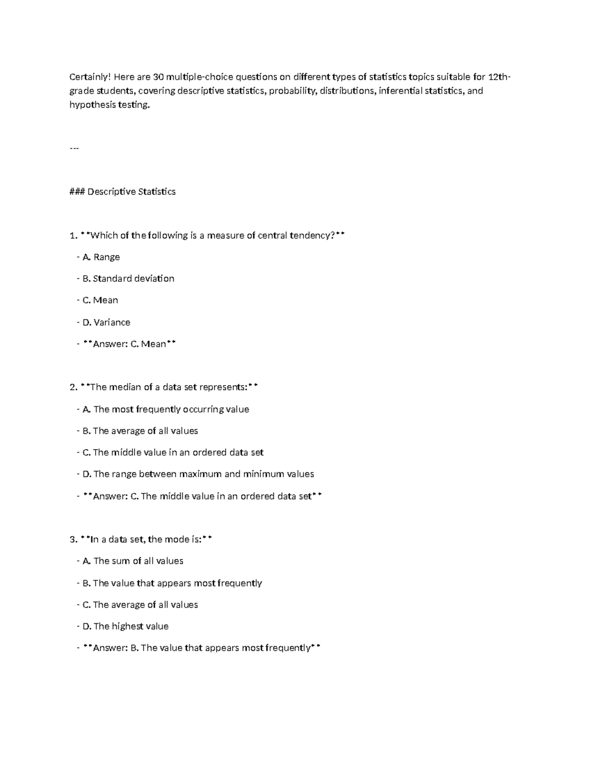 Stats - etest bank - Certainly! Here are 30 multiple-choice questions ...
