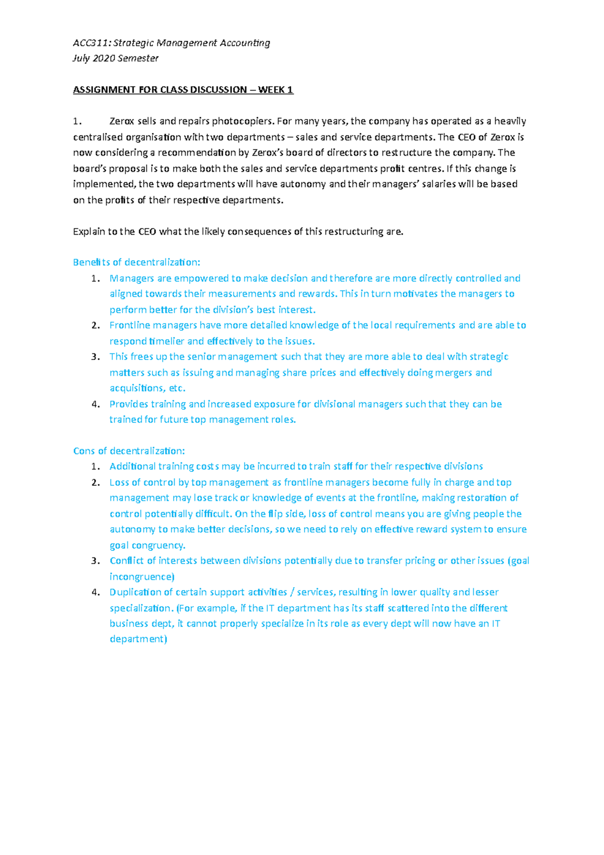 Acc311 Assigned Qns Week1 - Acc311: Strategic Management Accounting 