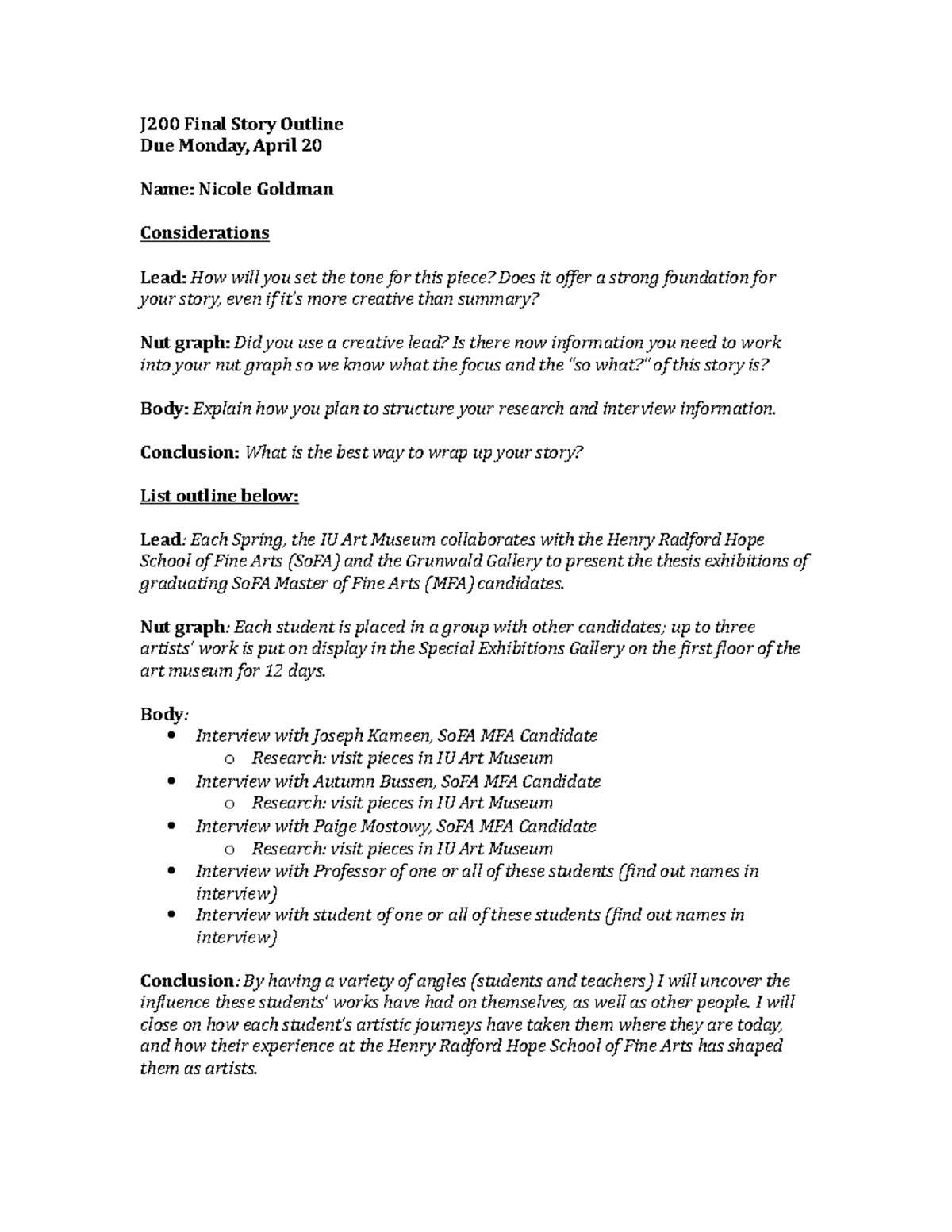 Final News Feature Outline - J200 Final Story Outline Due Monday, April ...