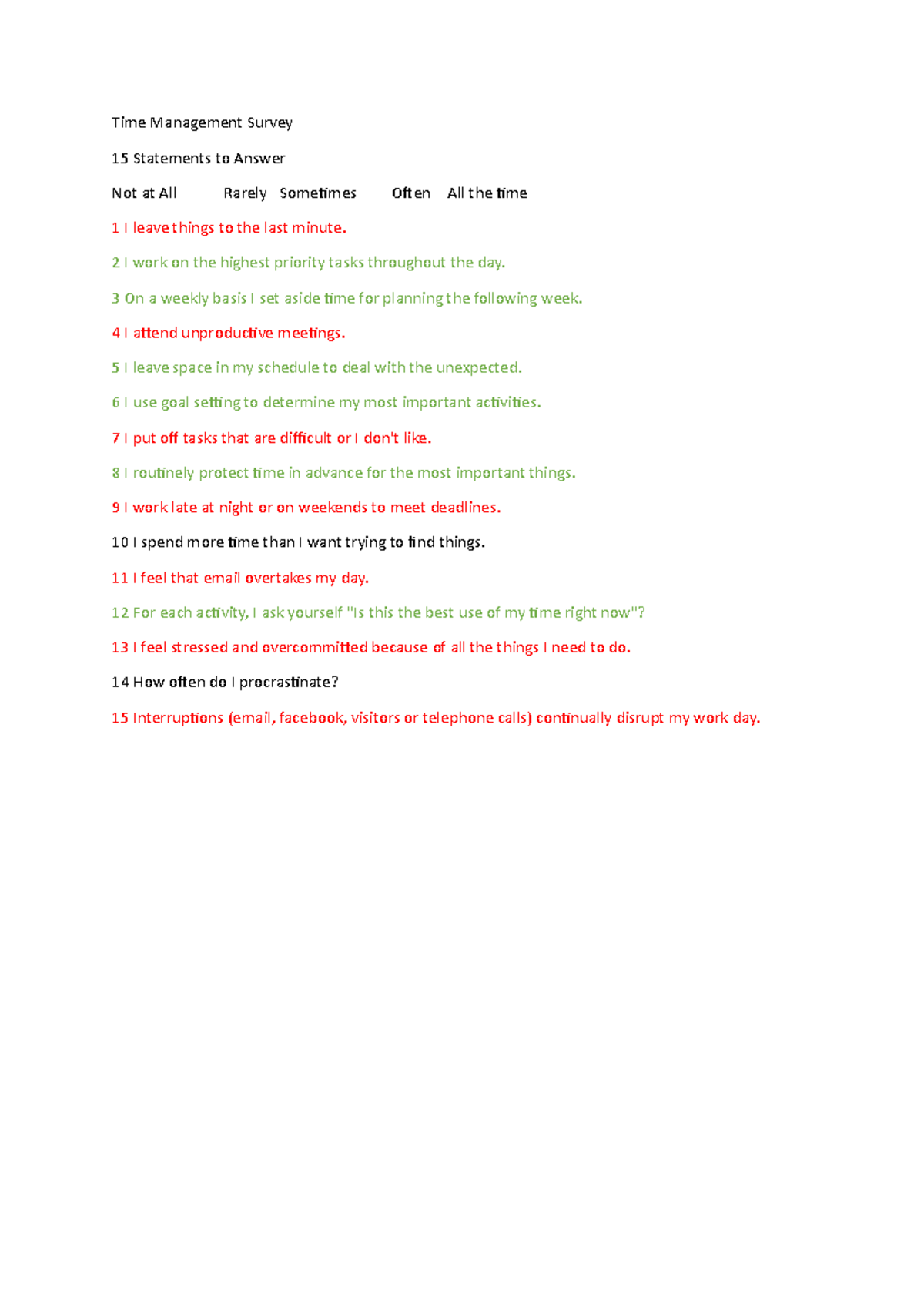 Time Managemet Questionnaires - Time Management Survey 15 Statements to ...