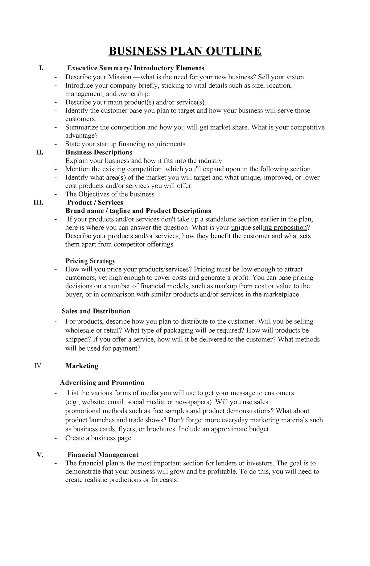 Business-PLAN- Outline - BUSINESS PLAN OUTLINE I. Executive Summary ...