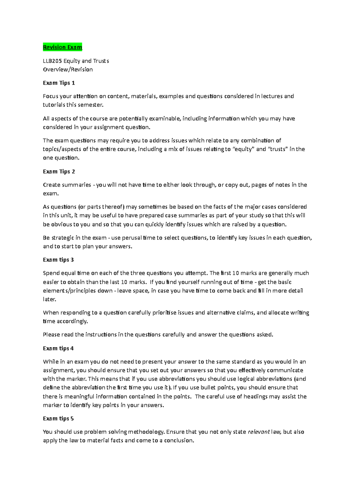 Revision Lecture Notes - Revision Exam LLB205 Equity and Trusts ...