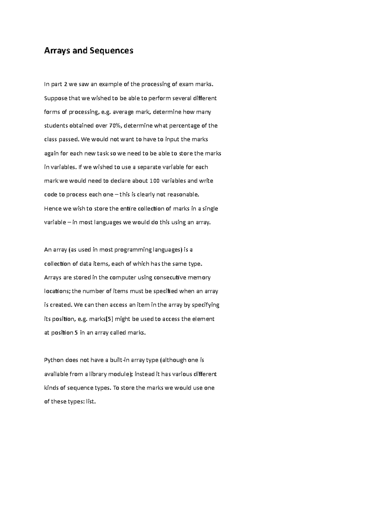 Arrays and Sequences - Suppose that we wished to be able to perform ...