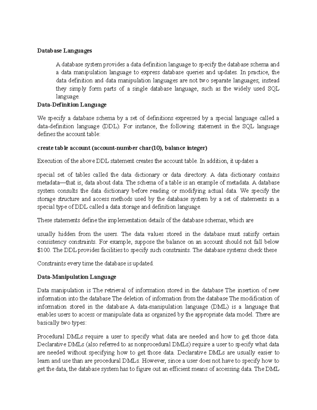Database Languages and data dictionary - Database Languages A database ...