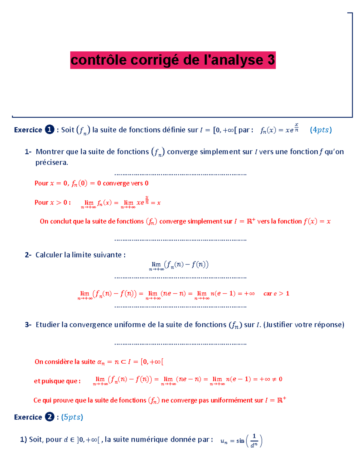 Examens Corrigés De L'analyse 3 - Exercice : Soit (𝑓𝑛) La Suite De ...