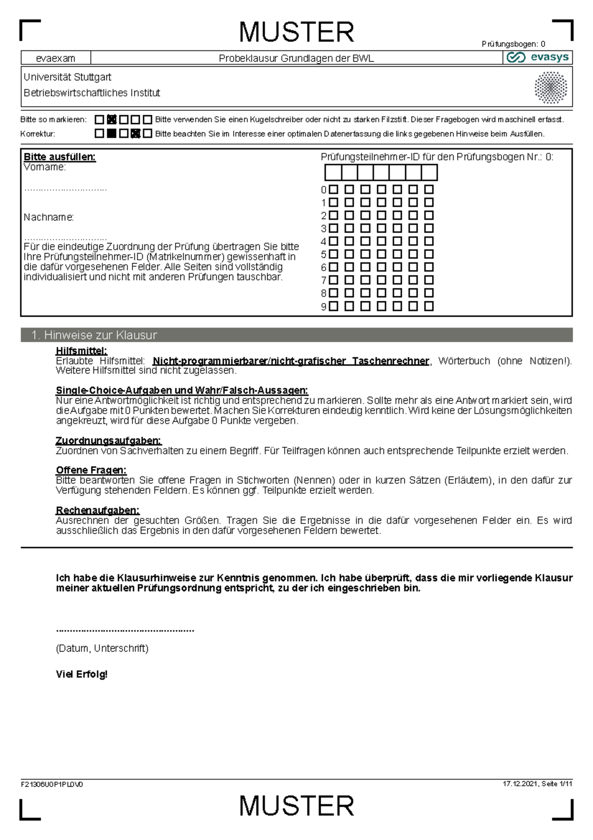 Probeklausur - F21306U0P1PL0V0 17.12, Seite 1/ Prüfungsbogen: 0 Evaexam ...