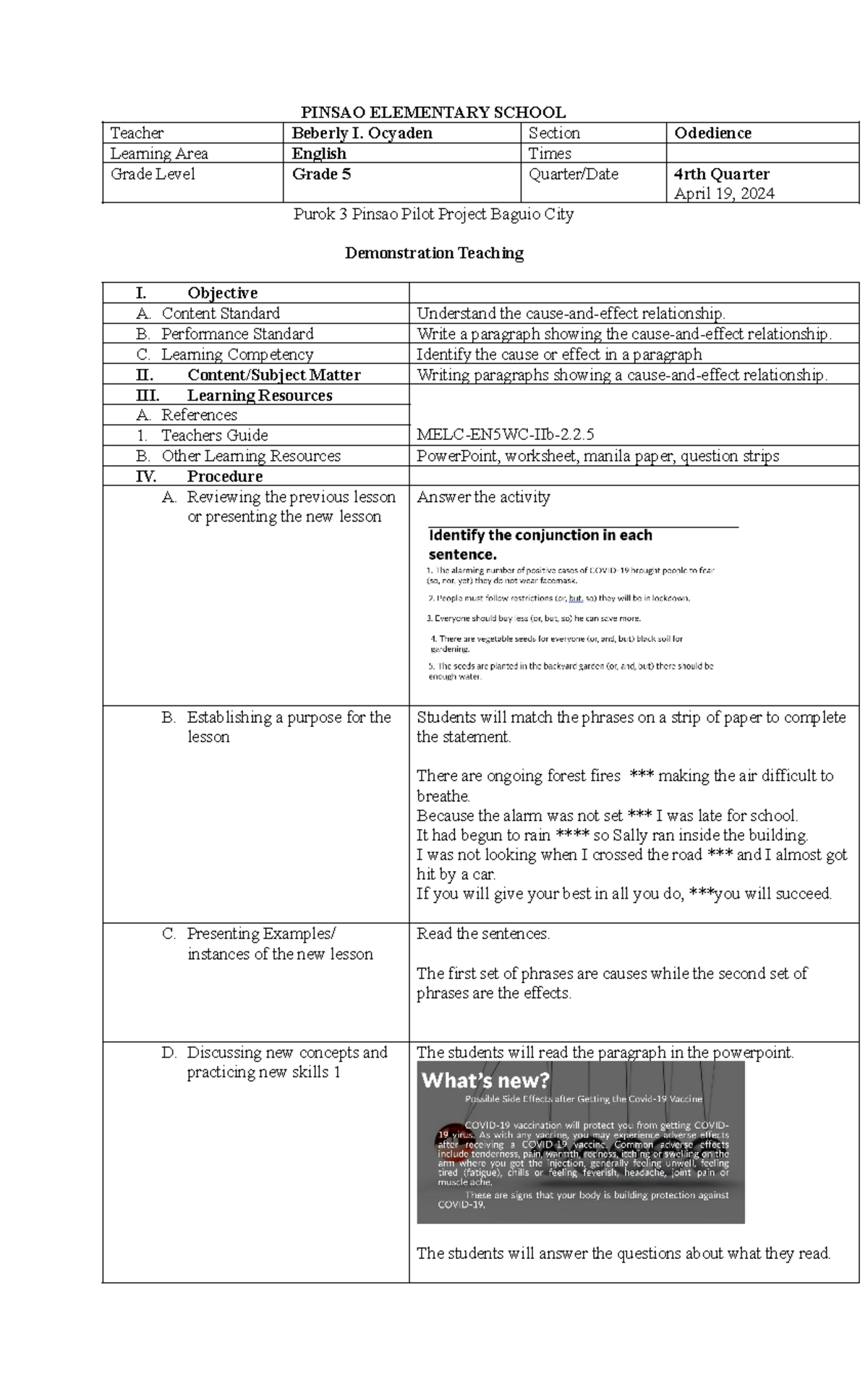 Lesson Plan Grade 5 Copy Pinsao Elementary School Teacher Beberly I Ocyaden Section 4444