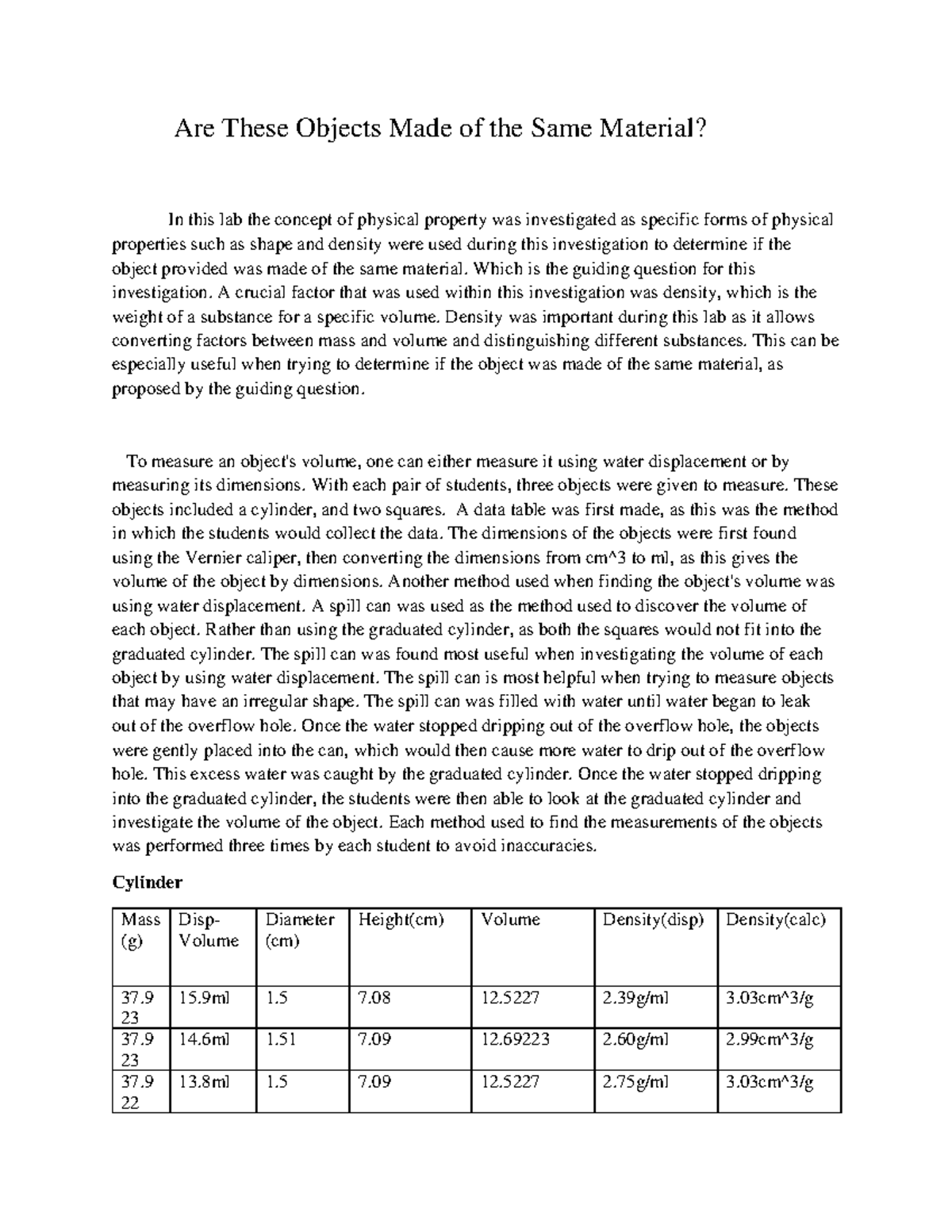 Are these objects made of the same material-Lab Report - Are These ...