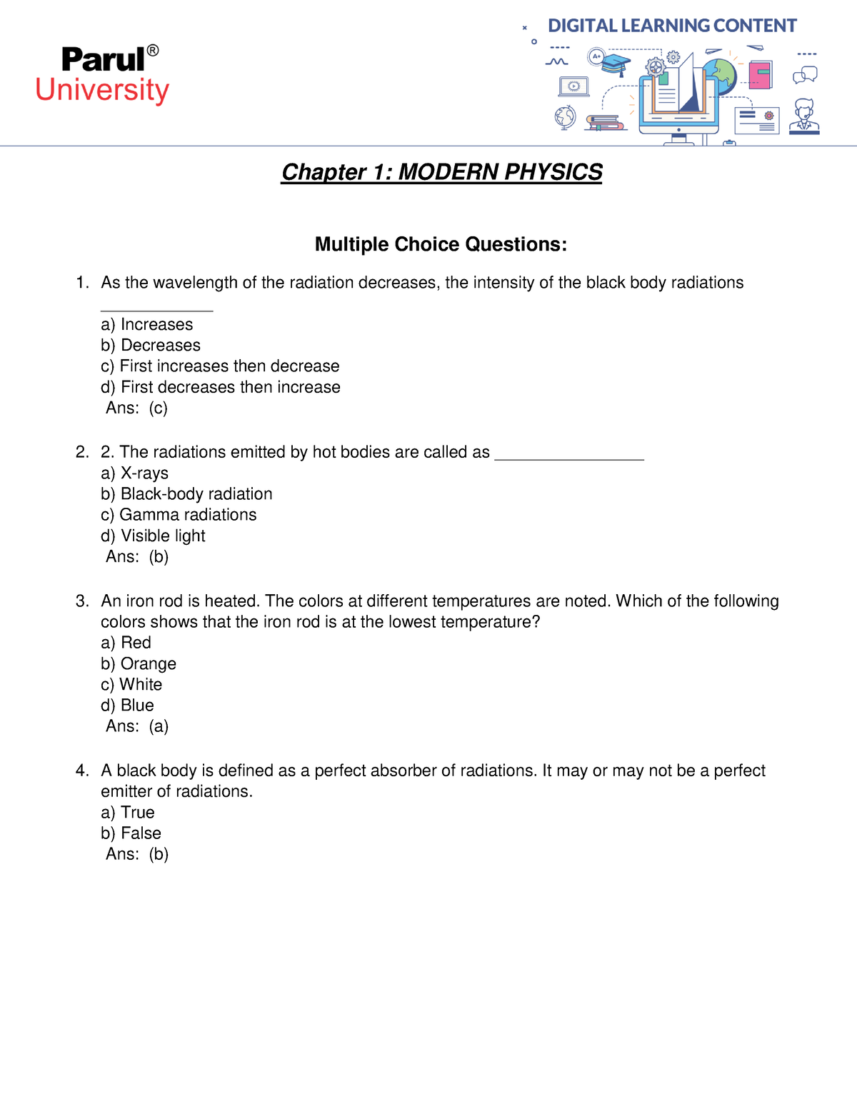 Chapter 1 MCQ With Solutions - Chapter 1: MODERN PHYSICS Multiple ...