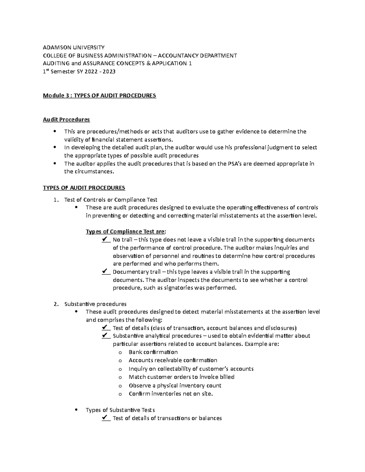 Module 3 types of audit procedures adamson university college of