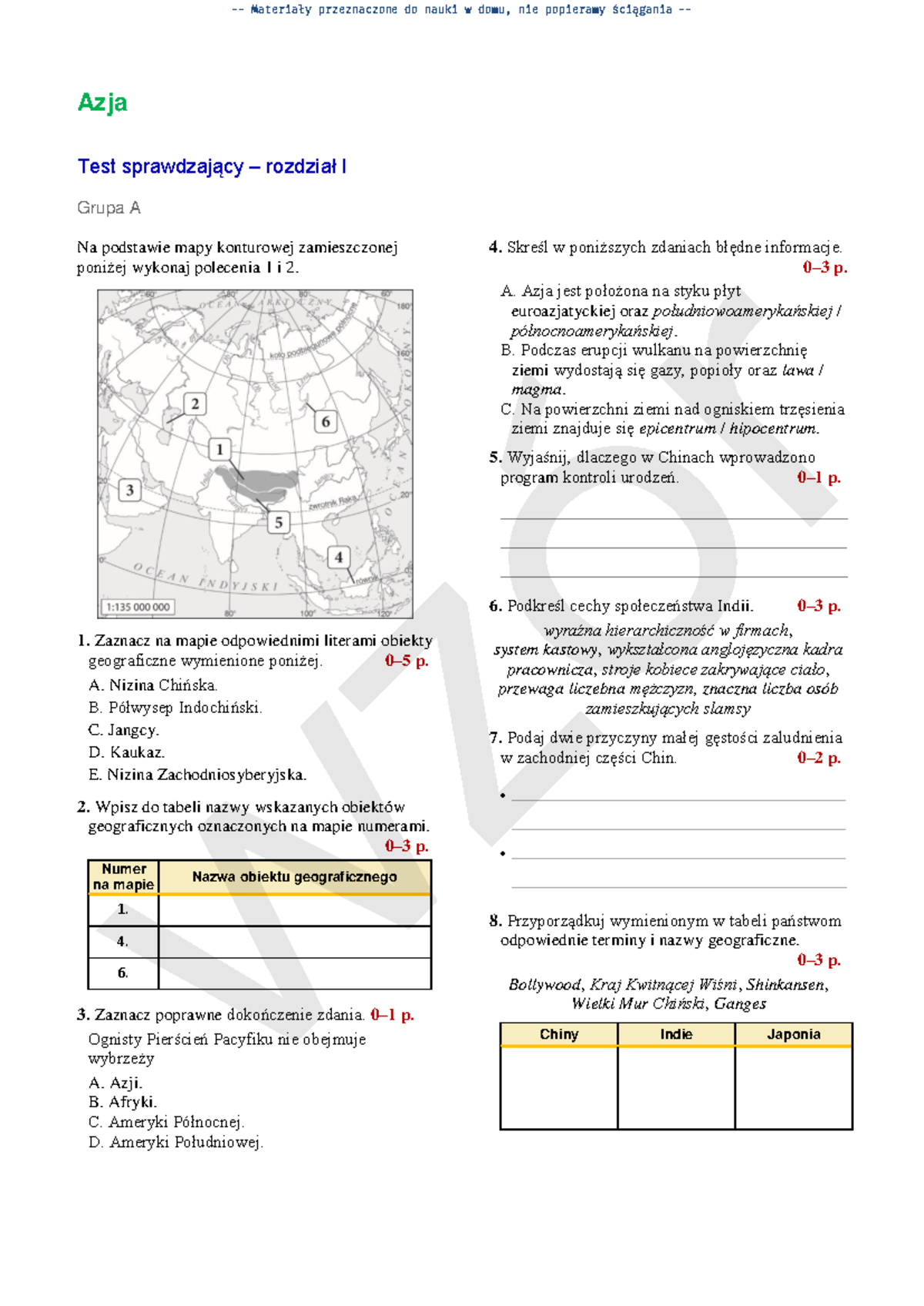 Test Dzial 1 Grupy A B-1 - Azja Test Sprawdzający – Rozdział I Grupa A ...