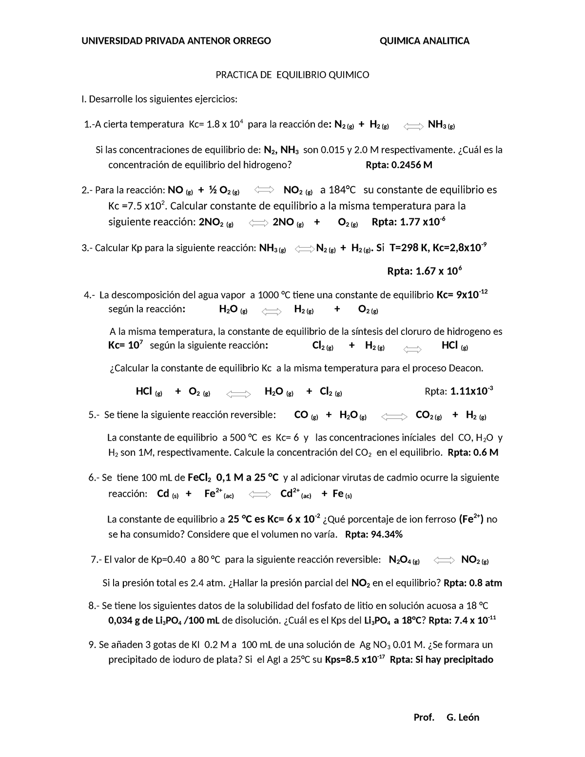 Practica DE AULA Equilibrio Quimic 1 - PRACTICA DE EQUILIBRIO QUIMICO I ...