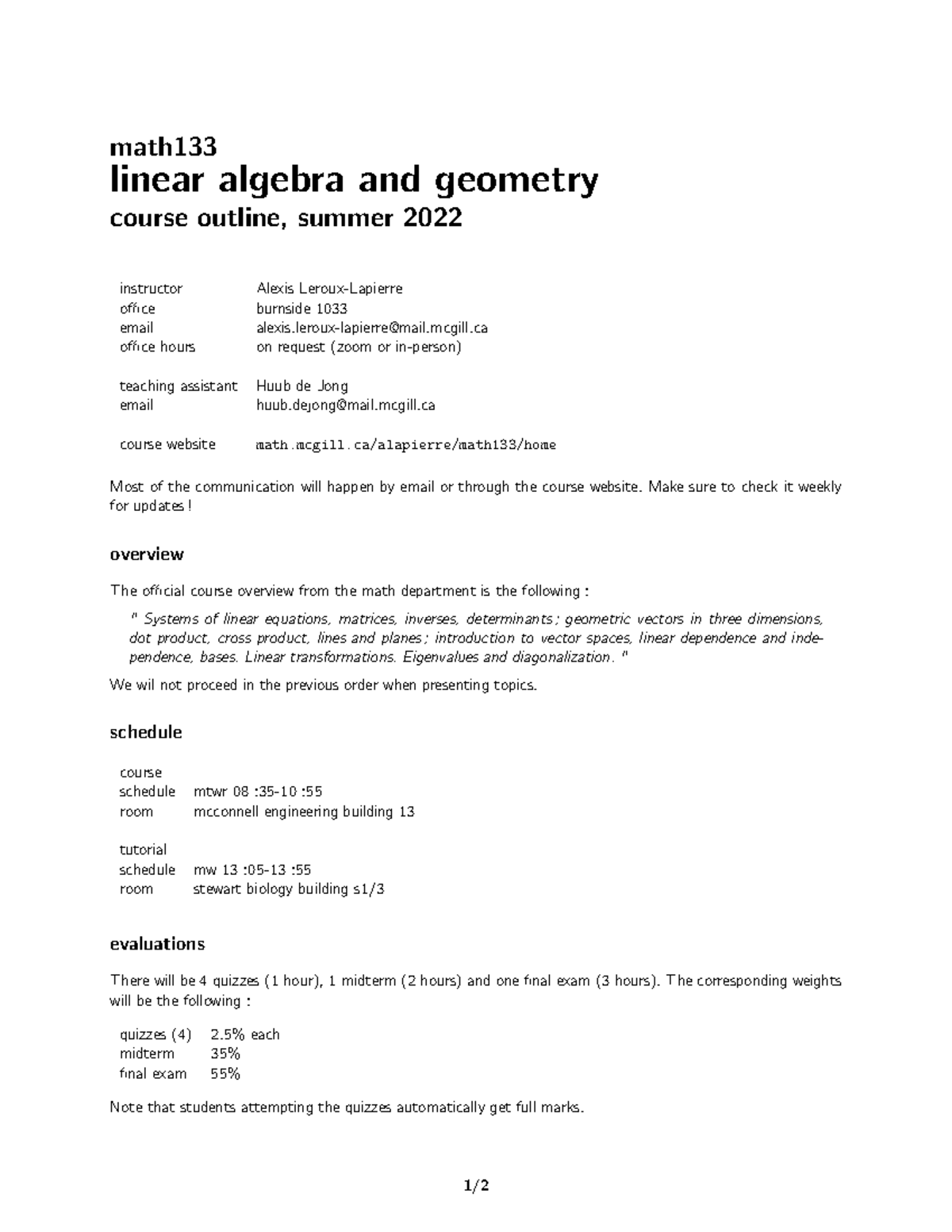 Math133 courseoutline math linear algebra and geometry course outline