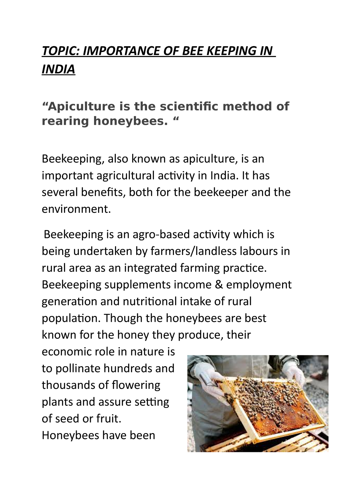 IMPORTANCE OF BEE KEEPING IN INDIA - TOPIC: IMPORTANCE OF BEE KEEPING ...