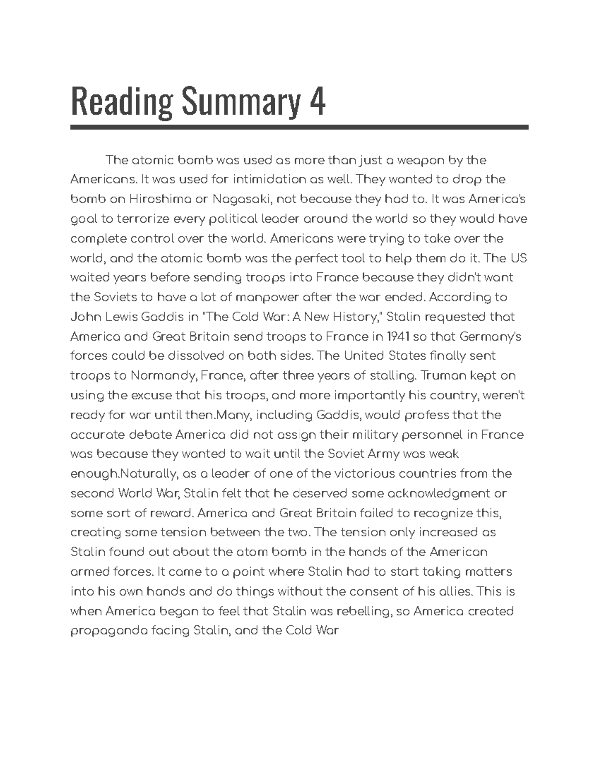 Meeting notes Reading Summary 4 The atomic bomb was used as more than just a weapon by the