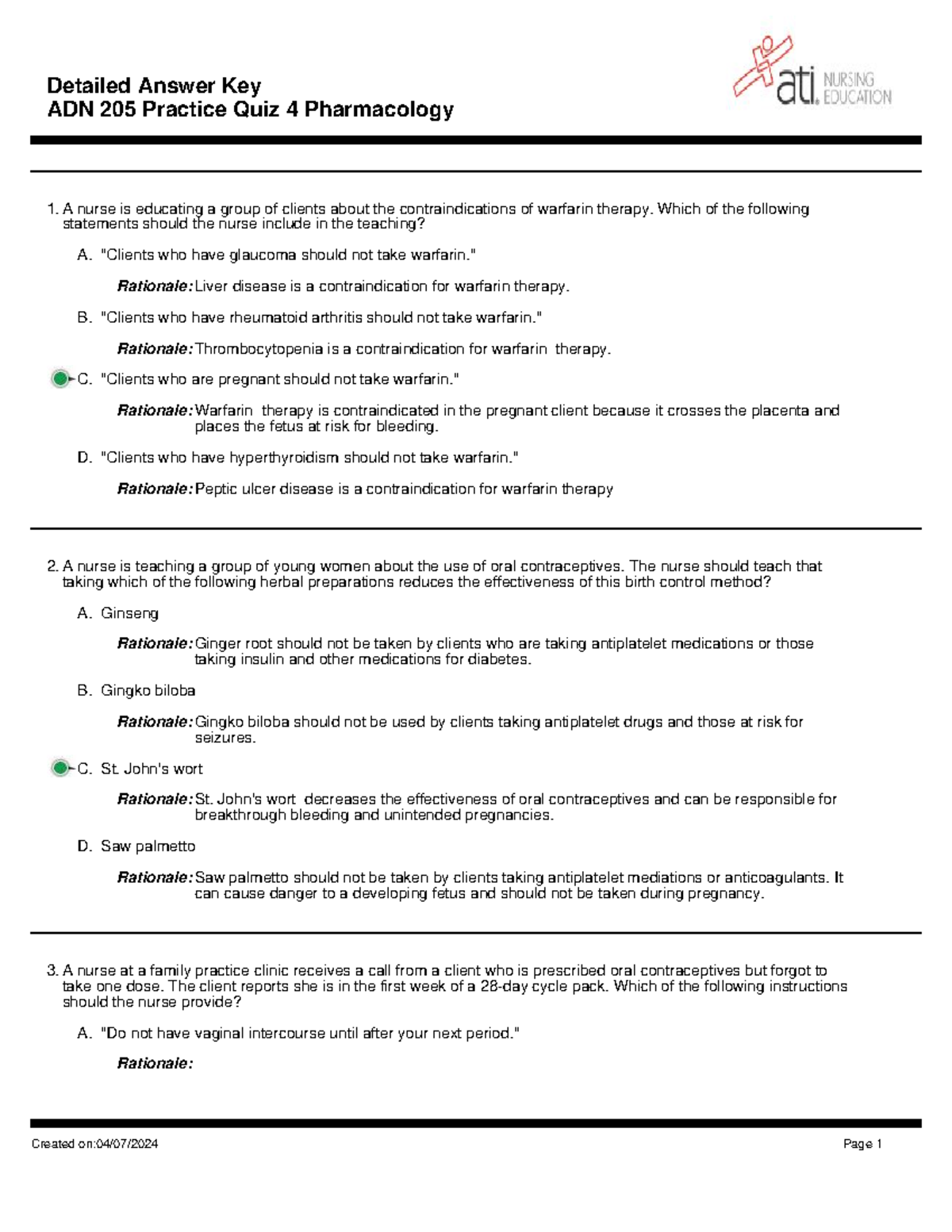 Maternity Quiz 4 answers and rationales ADN 205 Practice Quiz 4